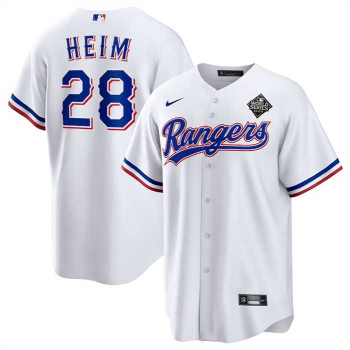 Men's Texas Rangers #28 Jonah Heim 2023 White World Series Stitched Baseball Jersey Dzhi